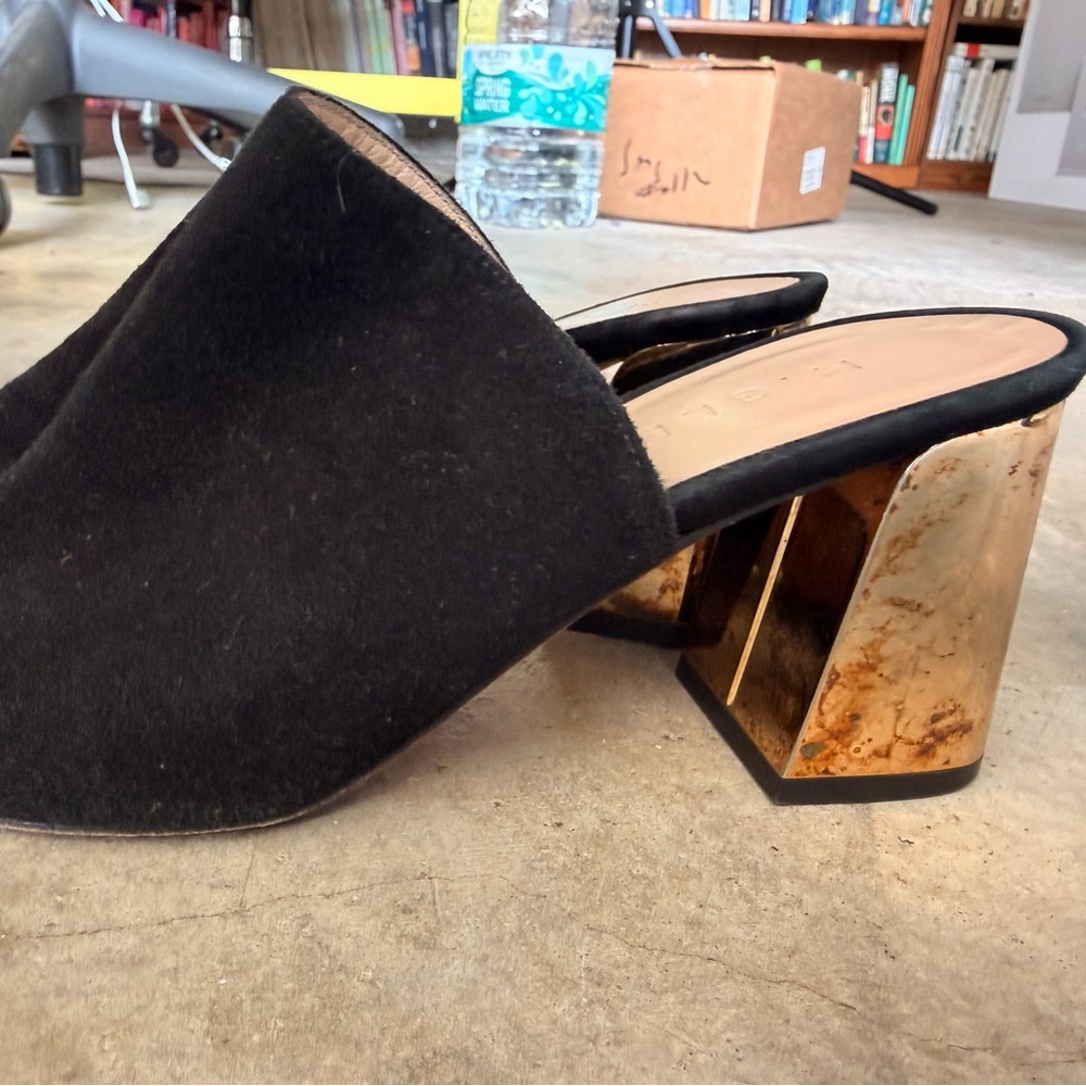 M. Gemi Black Suede Mule with Gold Mirror Block Heel